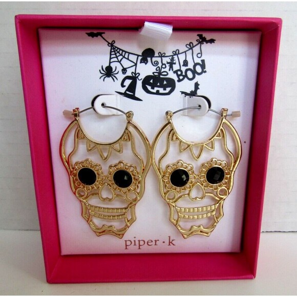 Piper K Sugar Skull Earrings Gold Tone Black Eye Large Statement Jewelry NIB - Picture 2 of 4